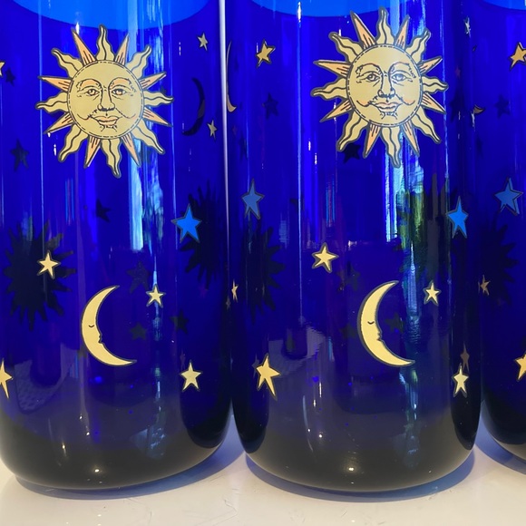 RARE Vintage Libbey Cobalt Blue Celestial Tumblers Sun Moon Stars Glass set of 4 - Picture 3 of 12